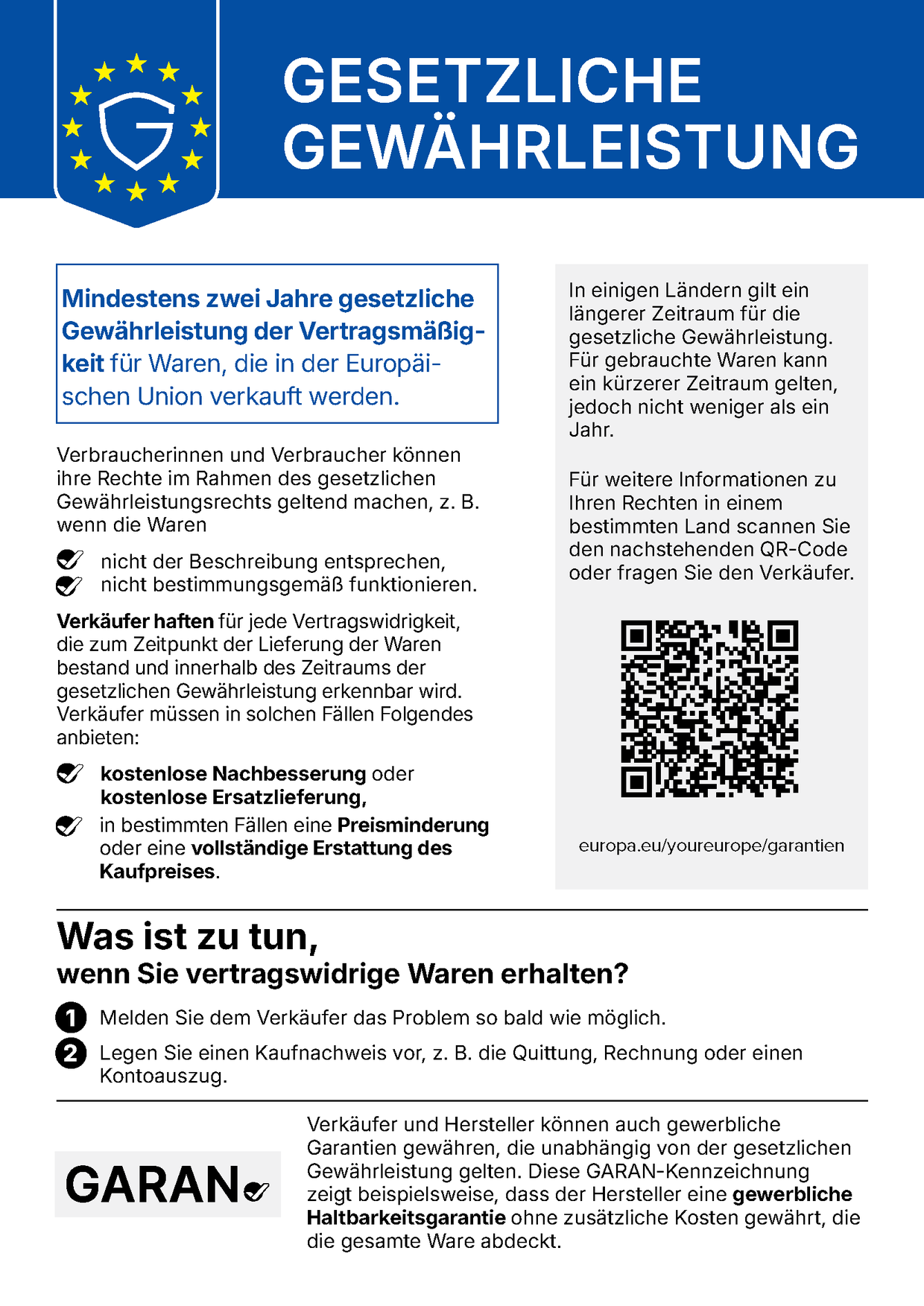 EU-harmonisierter Hinweis zur gesetzlichen Gewährleistung (Deutsch)