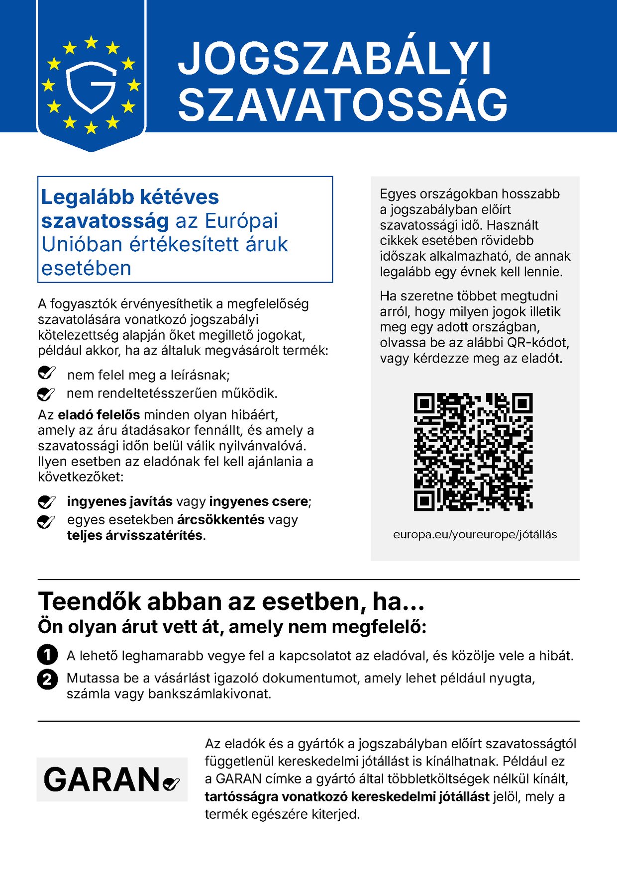 Uniós harmonizált értesítés a jogszabályi szavatosságról (magyar)